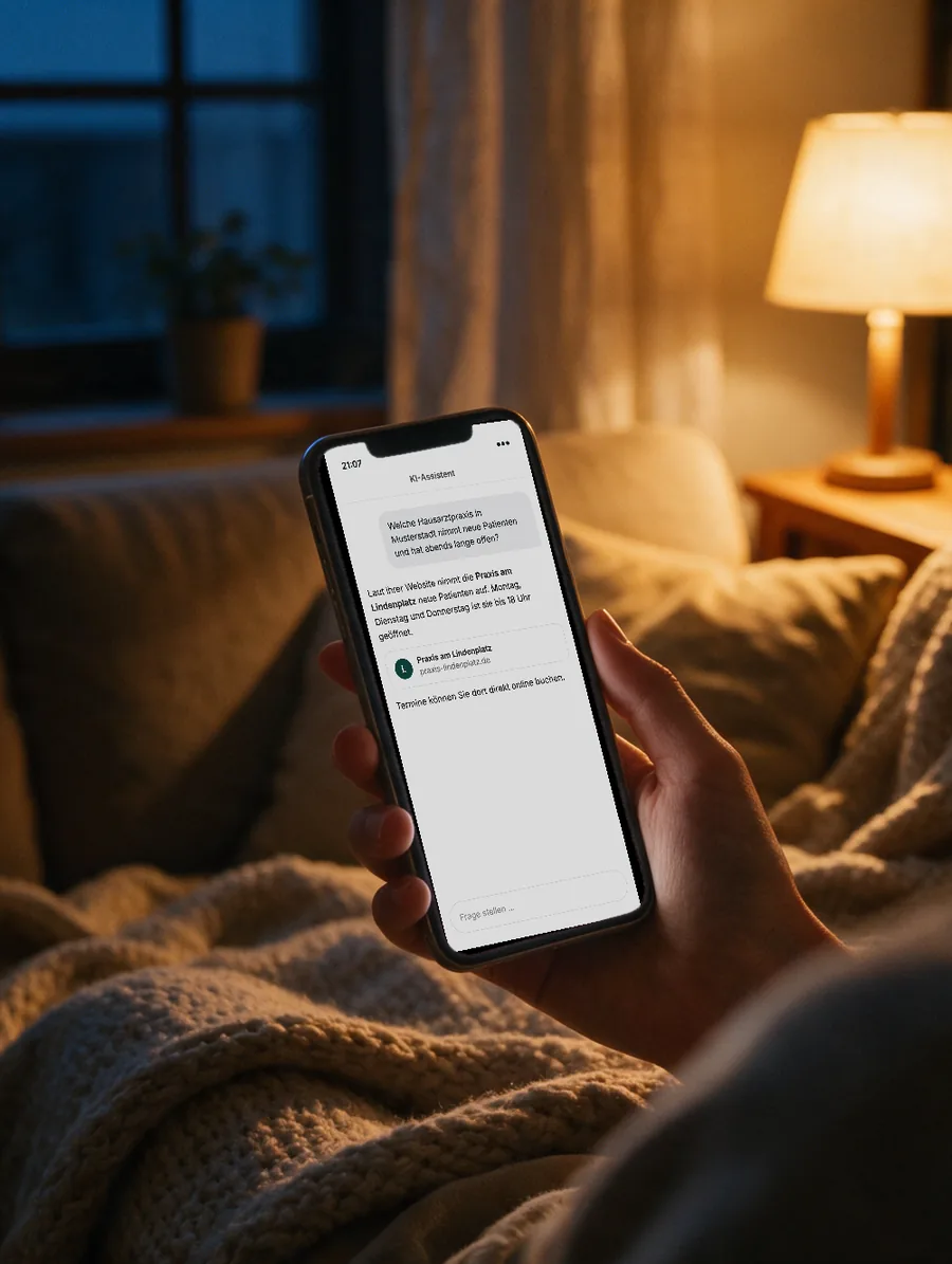 Abends auf dem Sofa fragt jemand einen KI-Assistenten nach einer Hausarztpraxis, die neue Patienten aufnimmt