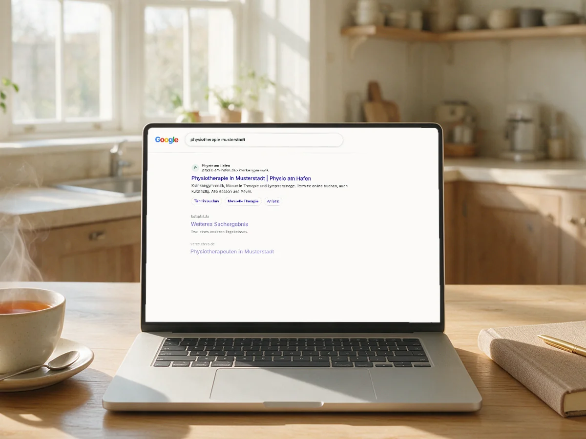 Ein Laptop am Küchentisch zeigt die Google-Suche nach Physiotherapie mit der Praxis als erstem Ergebnis