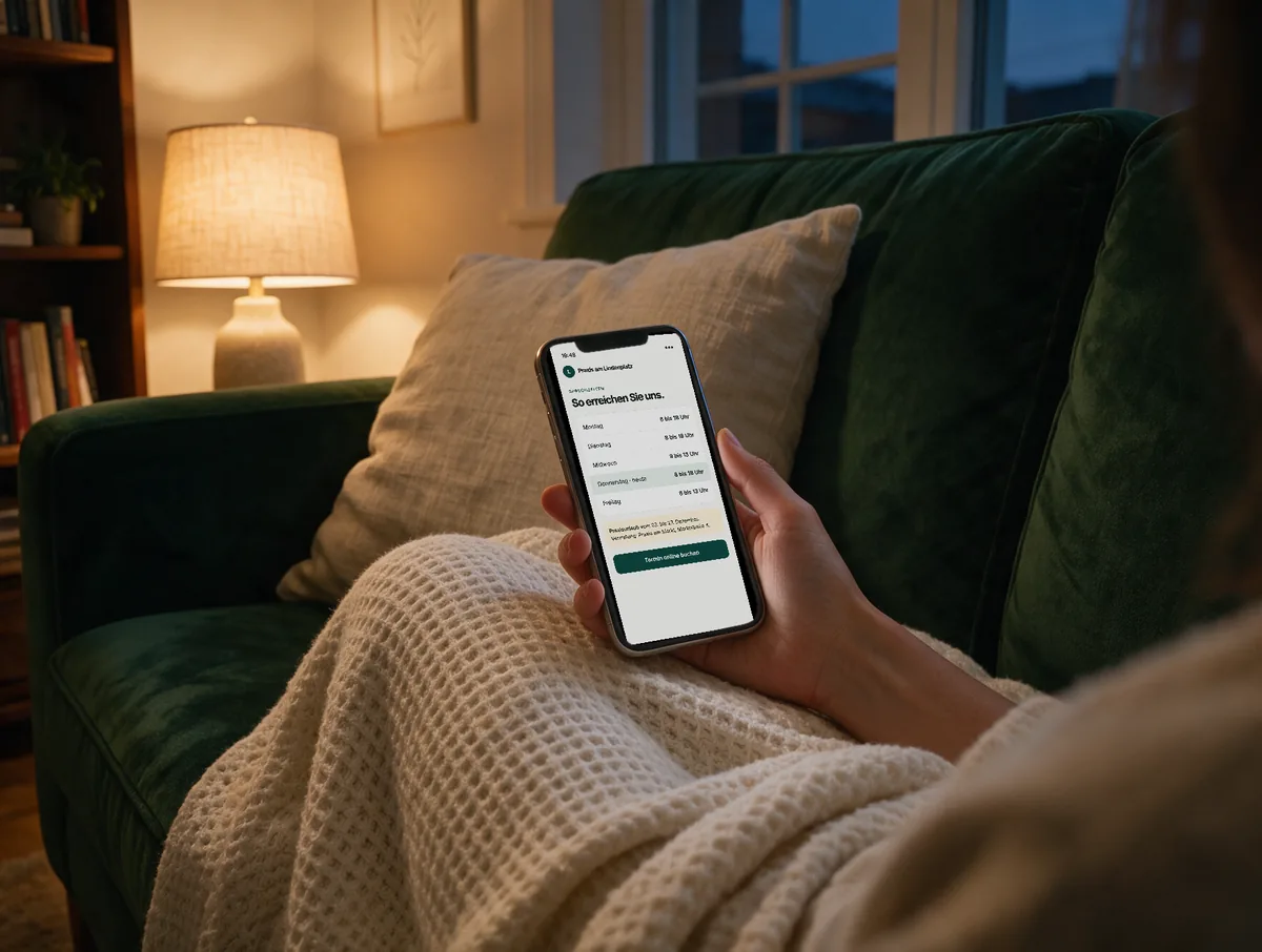 Abends auf dem Sofa: Ein Smartphone zeigt die Sprechzeiten einer Praxis mit Urlaubshinweis