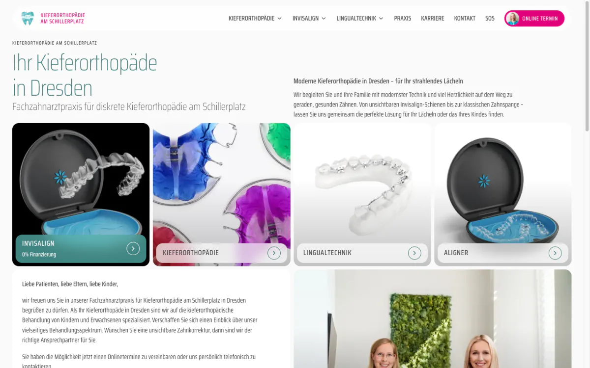 Startseite der Kieferorthopädie am Schillerplatz: große Überschrift Ihr Kieferorthopäde in Dresden und vier Bildkacheln zu Invisalign, Kieferorthopädie, Lingualtechnik und Alignern